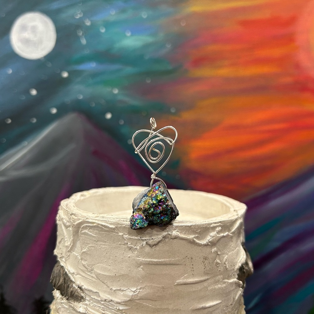 Silver Heart Pendant with Iridescent Stone